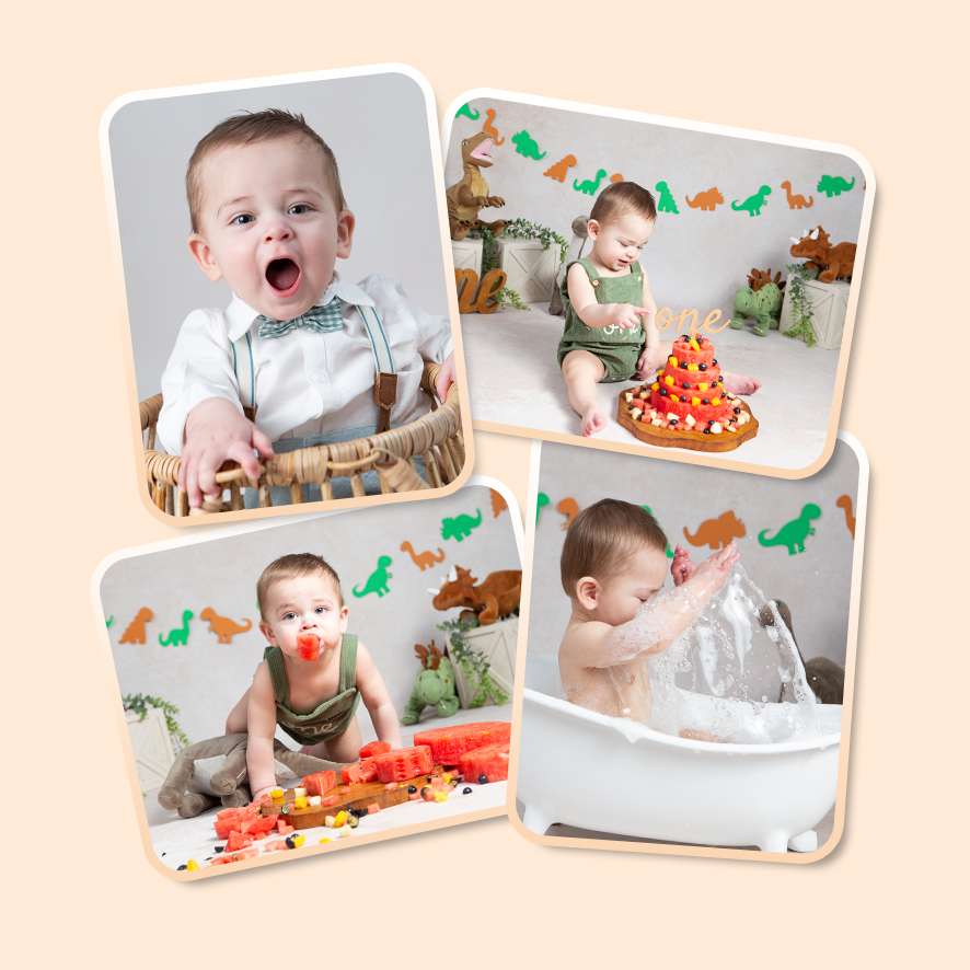 Fotocollage cakesmash dino fruittaart